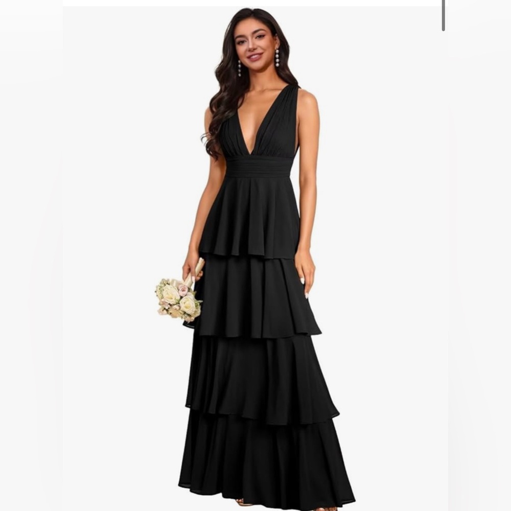 Prom dress evening gown tiered ruffles black 6